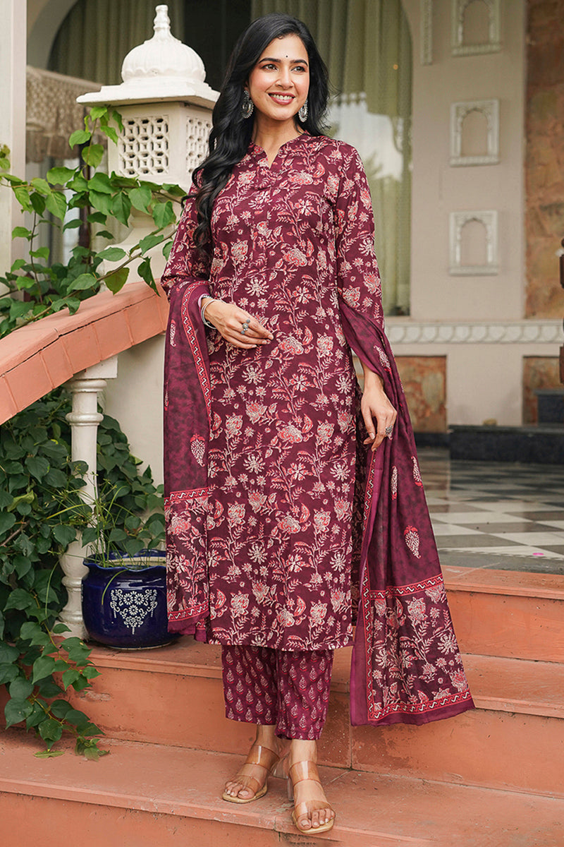 Maroon Rayon Blend Floral Printed Straight Suit Set