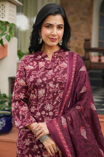Maroon Rayon Blend Floral Printed Straight Suit Set