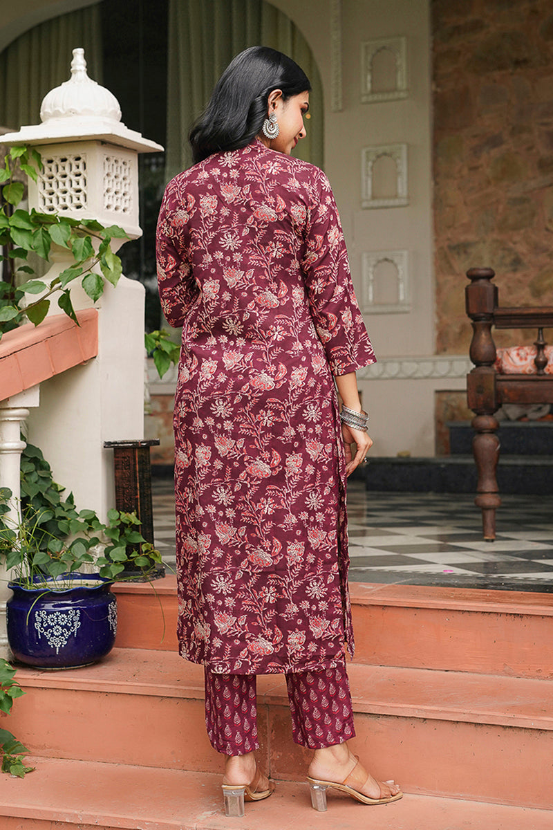 Maroon Rayon Blend Floral Printed Straight Suit Set