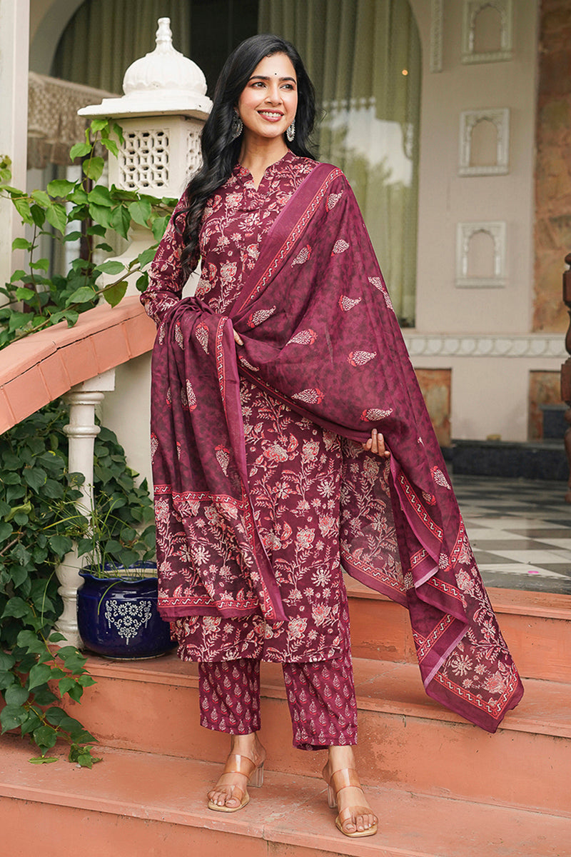 Maroon Rayon Blend Floral Printed Straight Suit Set