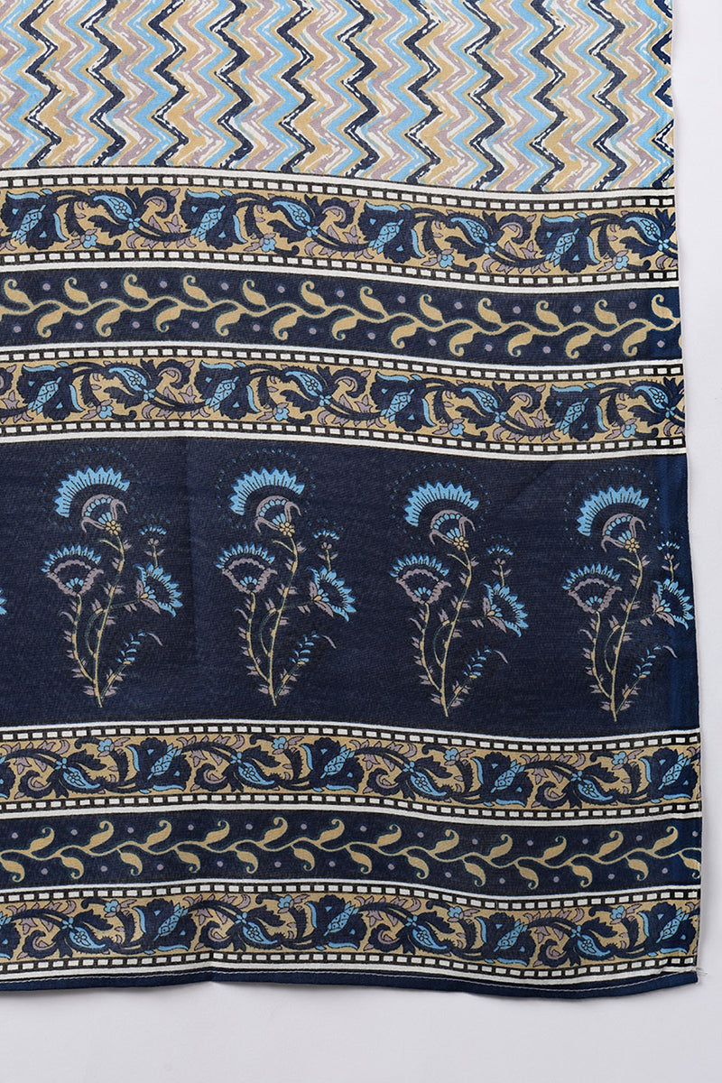 Blue Rayon Blend Floral Printed Straight Suit Set