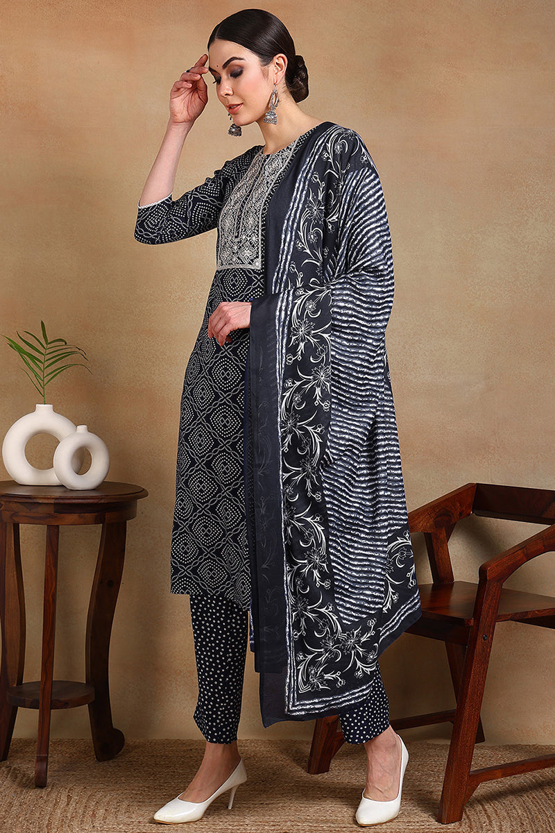 Navy Blue Rayon Blend Bandhani Printed Straight Suit Set