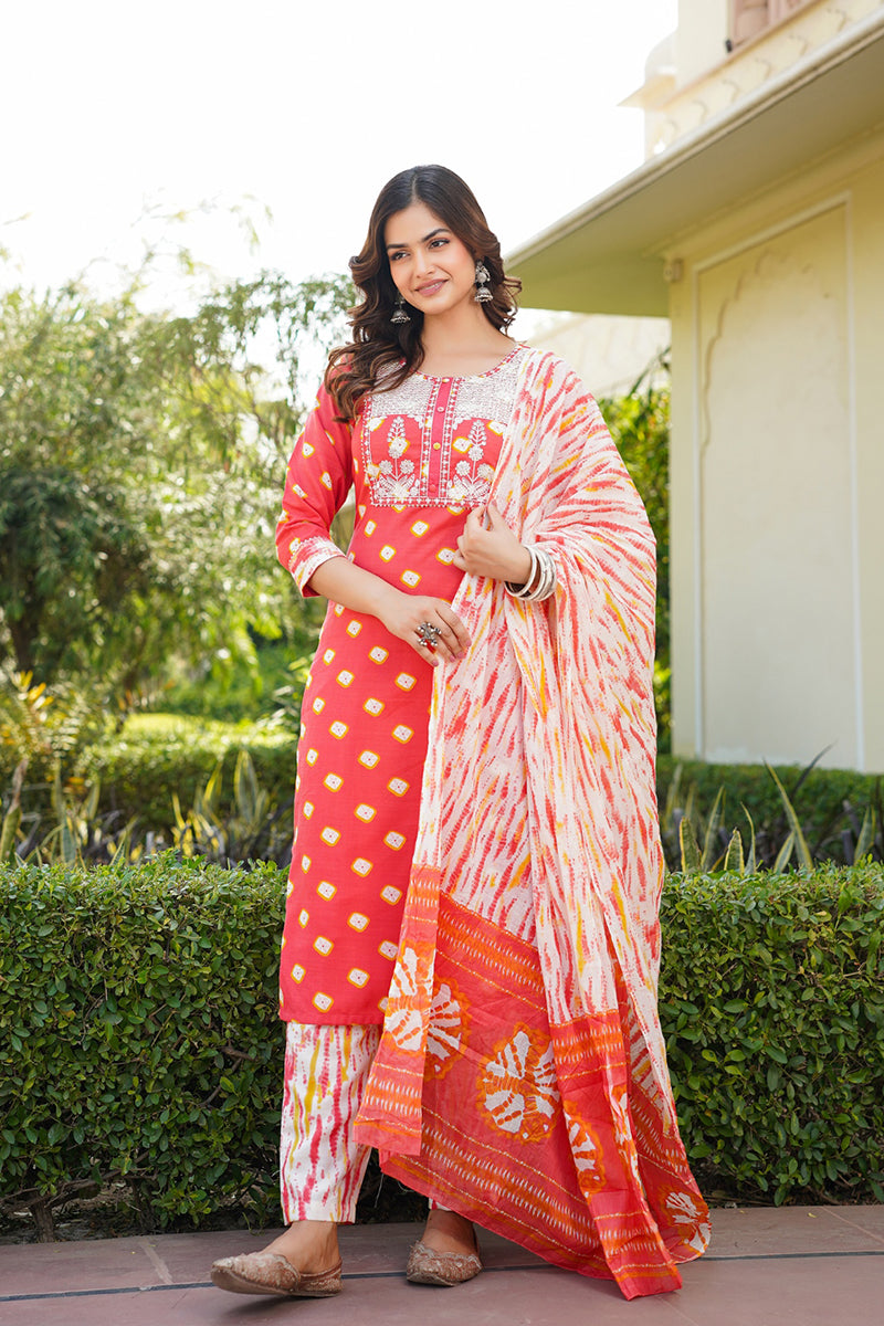 Orange Rayon Blend Bandhani Embroidered Straight Trouser Bottom Suit Set