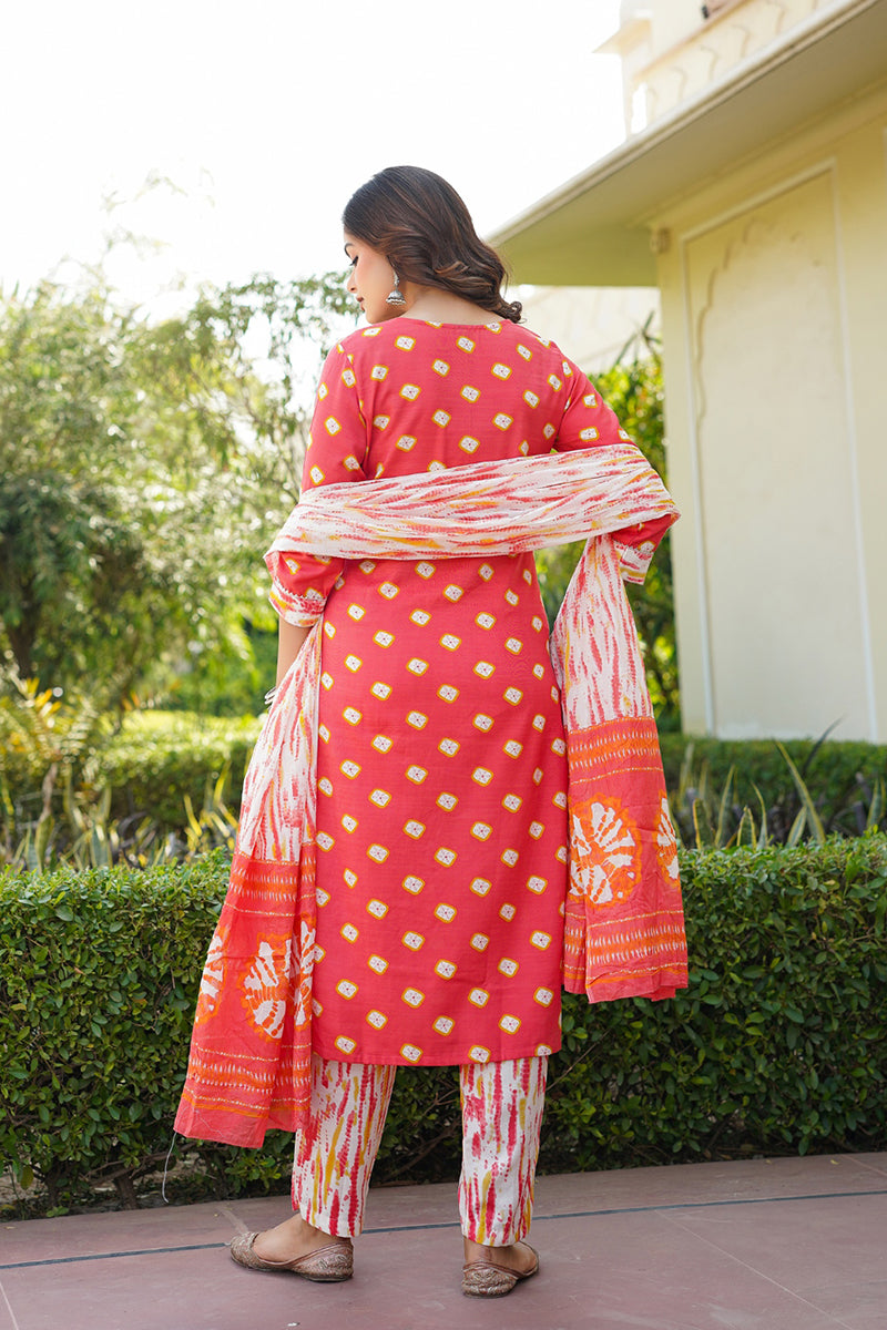 Orange Rayon Blend Bandhani Embroidered Straight Trouser Bottom Suit Set