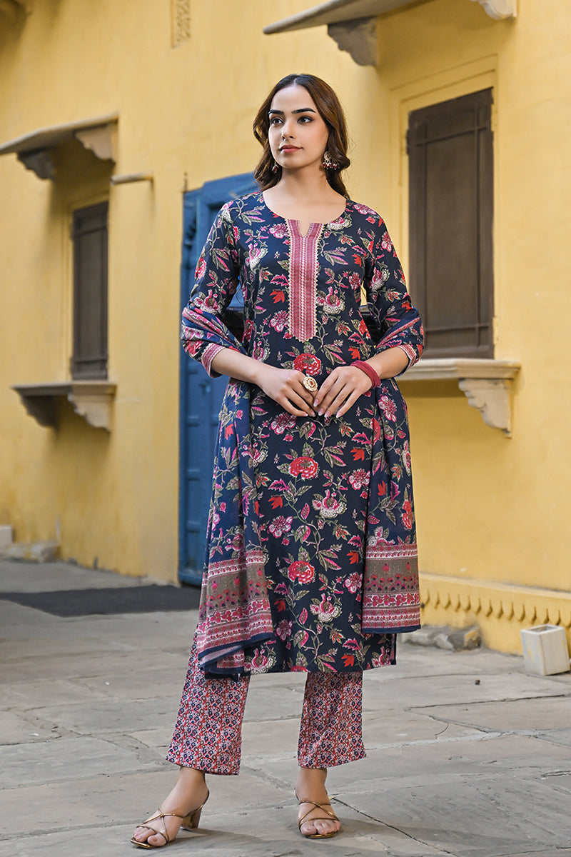 Navy Blue Rayon Blend Floral Printed Straight Trouser Suit Set
