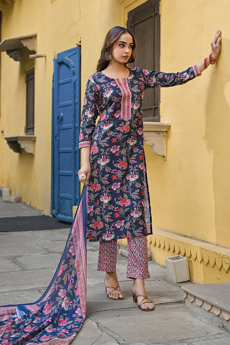 Navy Blue Rayon Blend Floral Printed Straight Trouser Suit Set