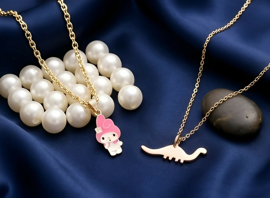 Set of 2 Gold-Plated Cute Bunny & Minimal Dinosaur Pendant Necklaces