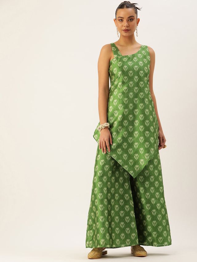 Bollywood Vogue Ready To Wear Green Art Silk Digital Printed Co Ords Set
