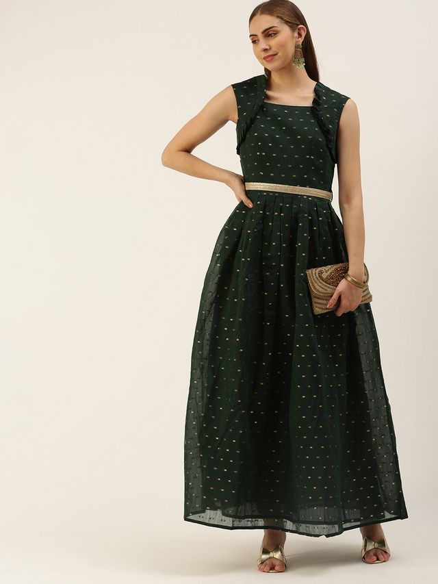 Bollywood Vogue Ready To Wear Teal Green Art Silk Cotton Jacquard Dress