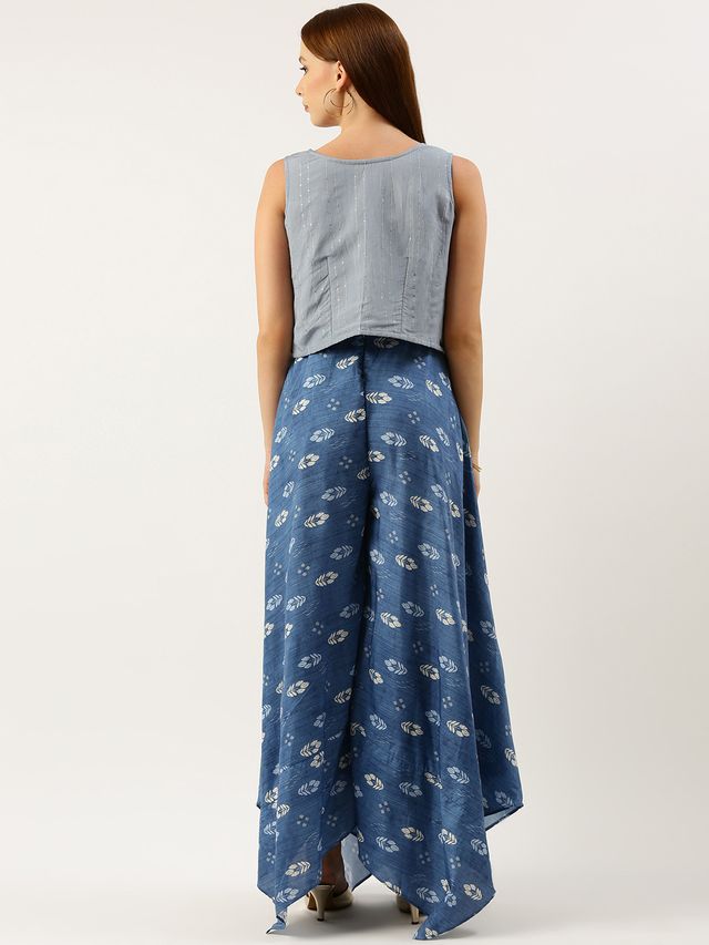 Bollywood Vogue Ready To Wear Blue Digital Printed Jacket Style Jumpsuit