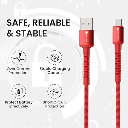 Portronics Konnect X Unbreakable Nylon Braided USB A to Type C Cable with 6Amp Output, Compatible with OnePlus, Oppo, iPhone 15, iPad & other Type C Smartphone & Devices, 2M Length (Red) - HalfPe