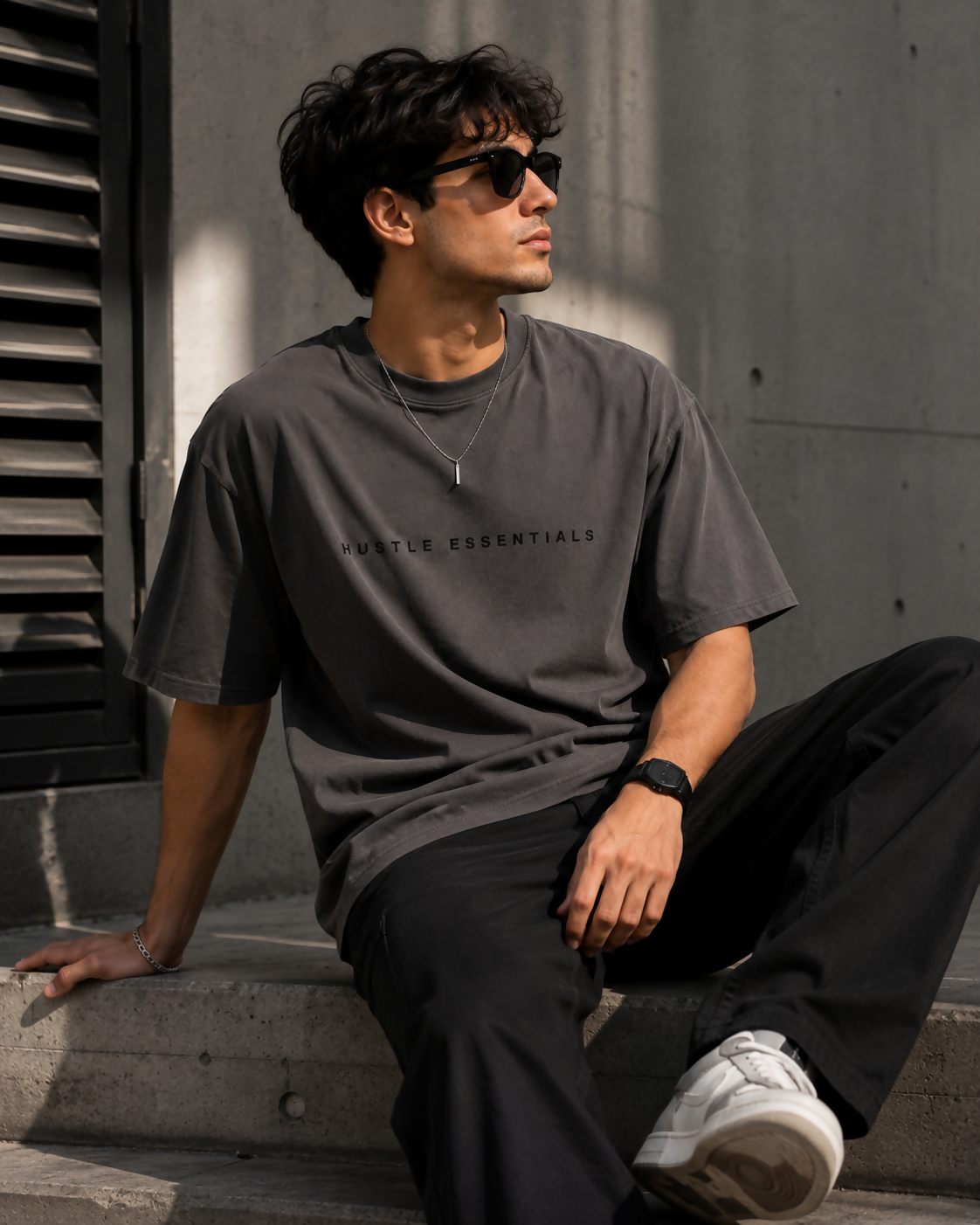 HUSTLE Essentials Men’s T-Shirt – Charcoal Grey | Relaxed Oversized Fit | Crew Neck | Short Sleeve