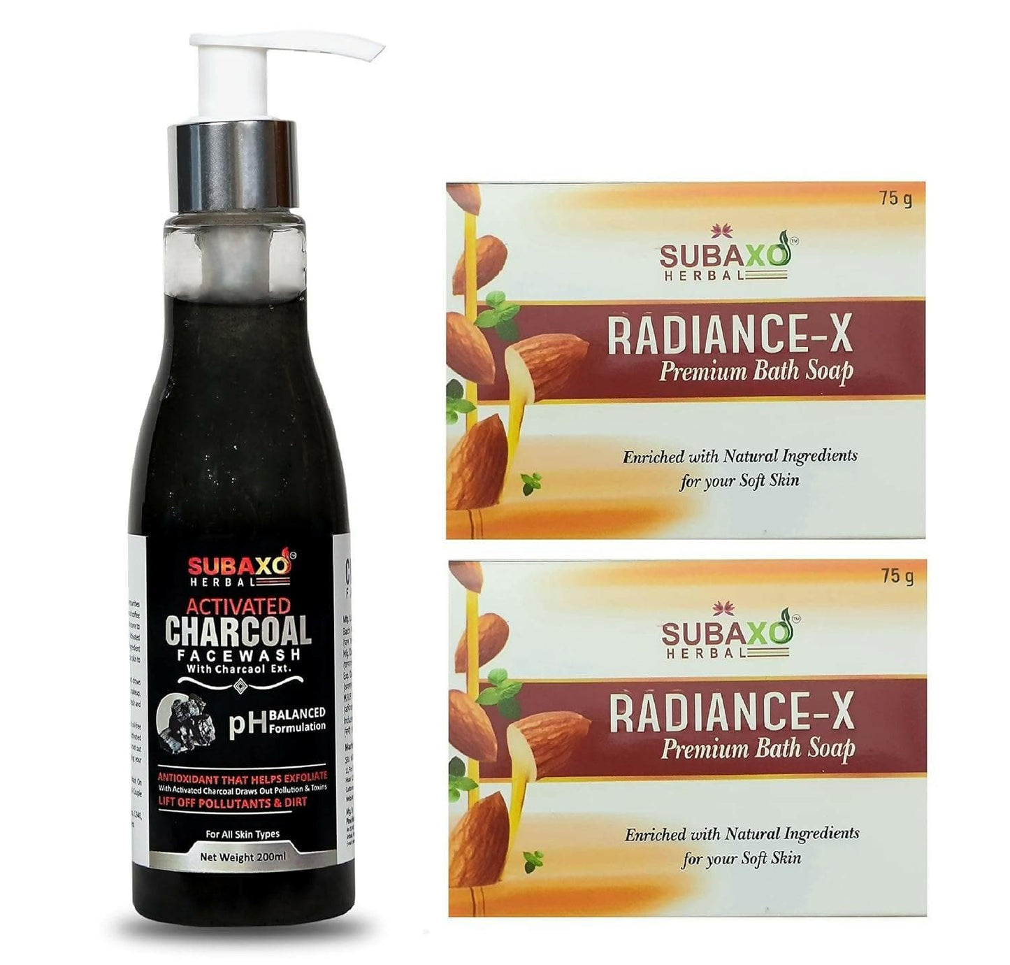 Subaxo Herbal Radiance-x Bath Soap(75 gm Each, Pack Of 2) & Activated Charcoal Herbal Anti Pollution Deep Cleansing Face Wash (100ml,Combo) - HalfPe