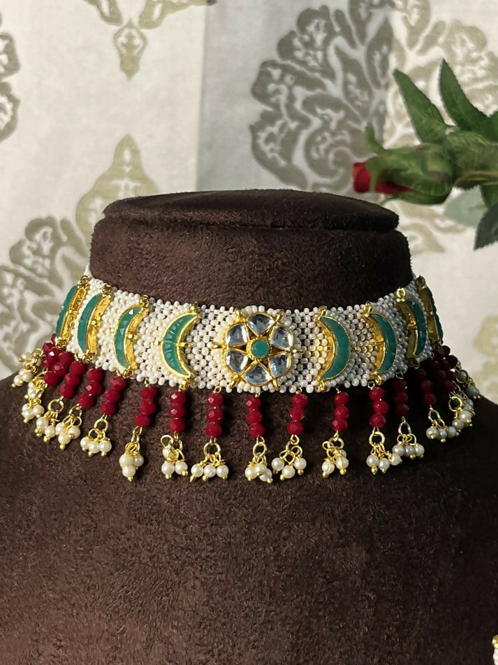 Chand gujarati choker with jhumka with multi-color beads