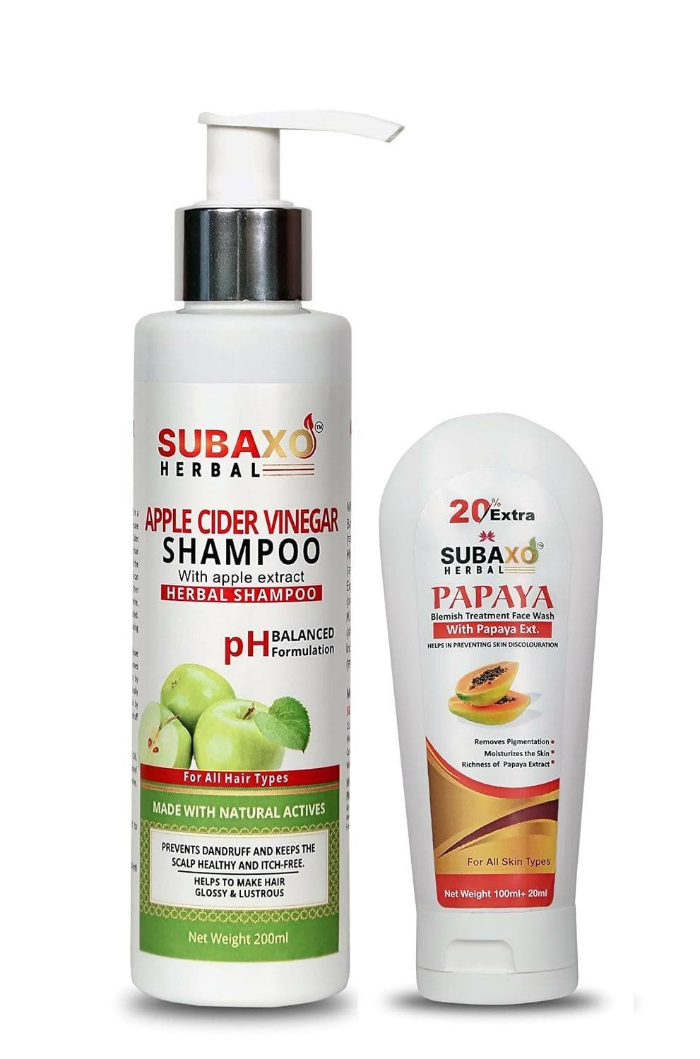 SUBAXO Apple Cider Vinegar Shampoo(200 ml) and Papaya Herbal Face Wash(120 ml) Combo - HalfPe