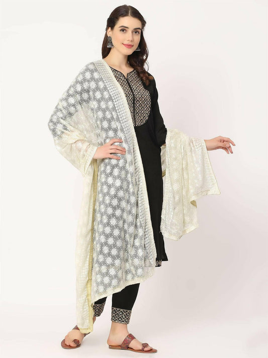 Off White Sequined Phulkari Embroidery - HalfPe