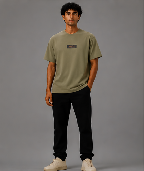 HUSTLE Men's Oversized Fit Crew Neck T-Shirt – Olive Khaki(Oversized fit)