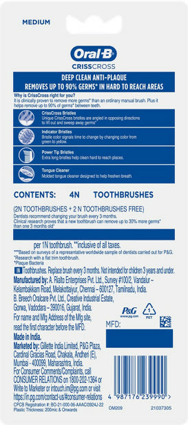 Oral-B CrissCross Manual Toothbrush – Family Pack of 4 HalfPe - FW -TPT