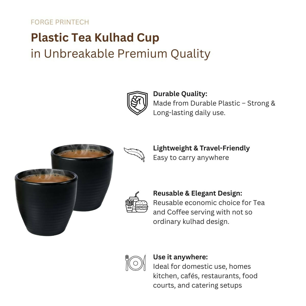 Unbreakable Kulhad Tea Cup Set of 6, 150 ml, Black, Serve Tea and Coffee in desi kulhar Cup