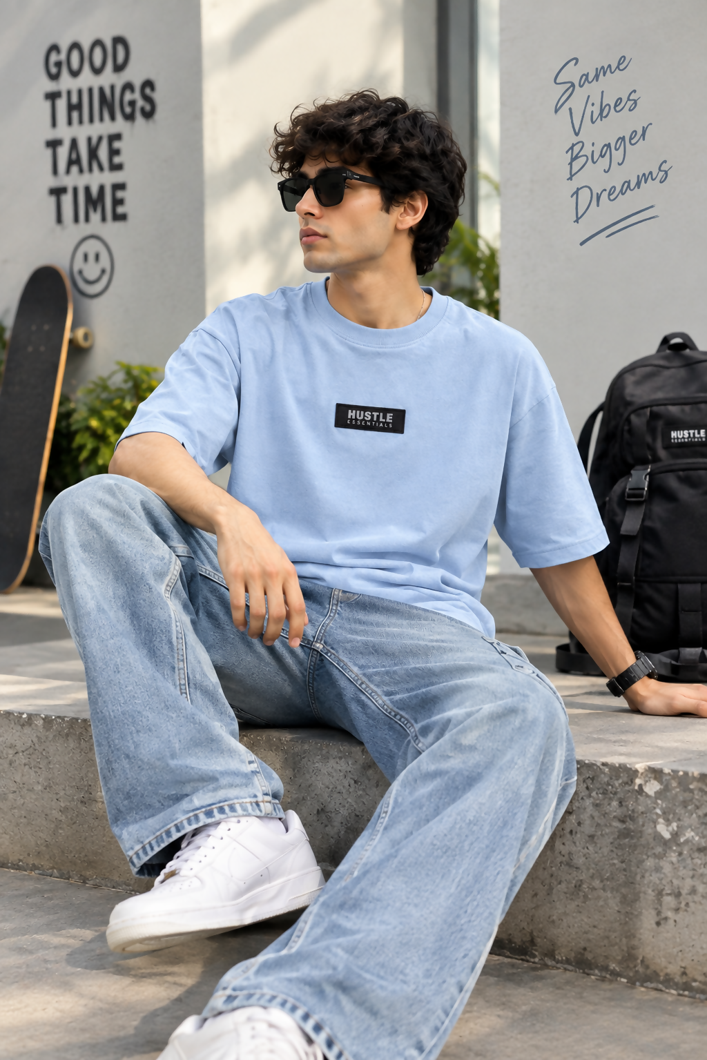 Men's Hustle Essentials Oversized Light Sky Blue T-Shirt | Relaxed Fit Casual Tee