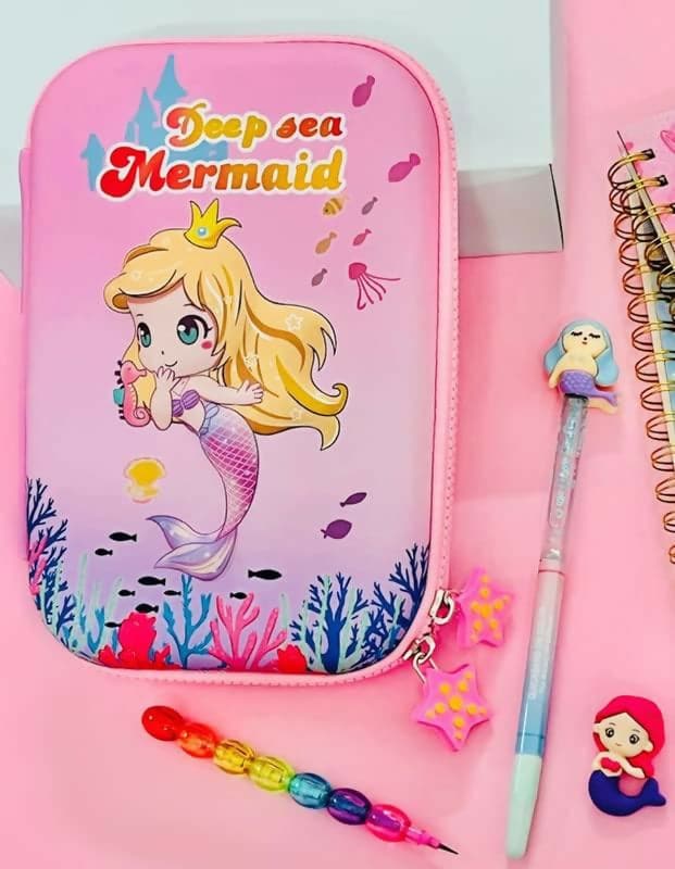 Mermaid Multipurpose Big Size Pouch With Glitter Pen , Pencil & Eraser - HalfPe