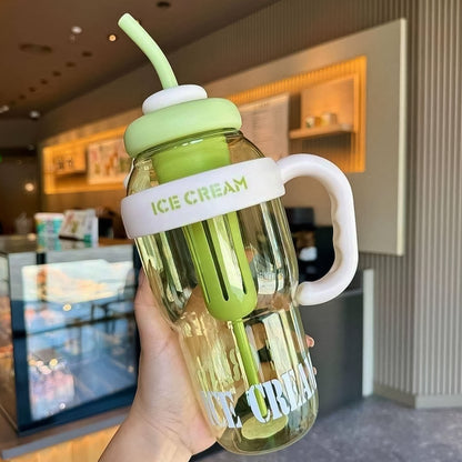 Approx 1300ml Large Capacity Cute Ice Cream Themed Water Bottle With Handle Straw  Fruit Infuser  Leakproof Sipper For Kids  Adults