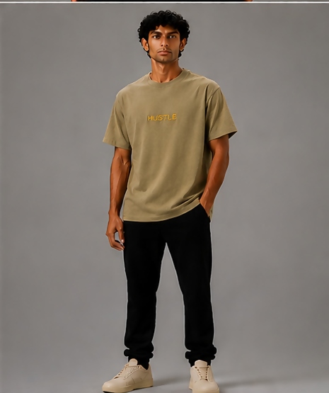 HUSTLE Men's Oversized Fit Crew Neck T-Shirt – Light Olive Khaki(Oversized fit)