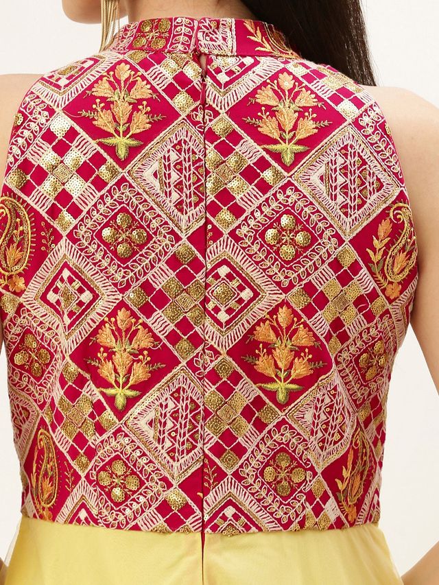 Bollywood Vogue Ready To Wear Dark Pink Embroidered Georgette N Yellow Net Dress