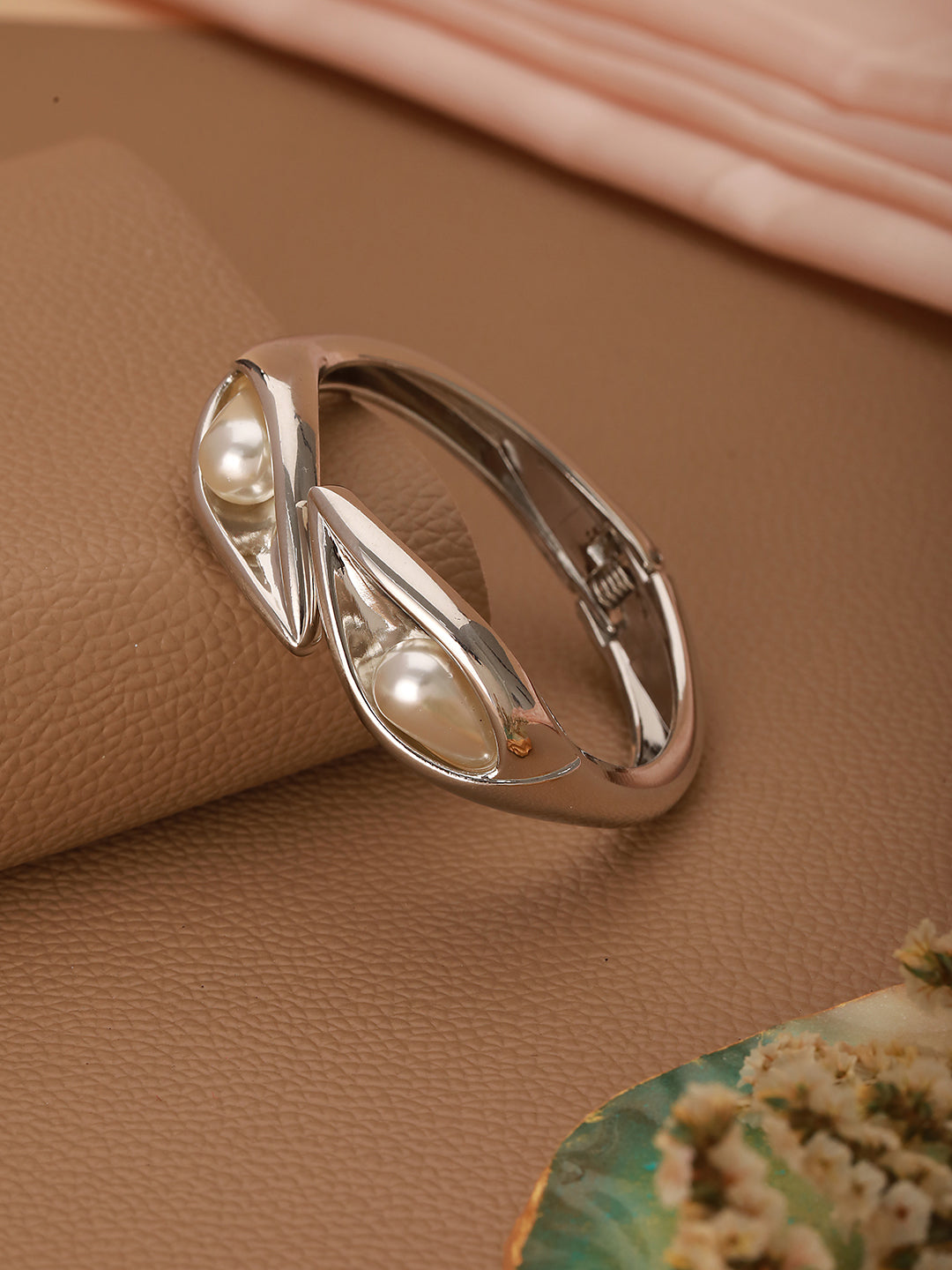 Silver-Plated Pearl Beaded Cuff Bracelet