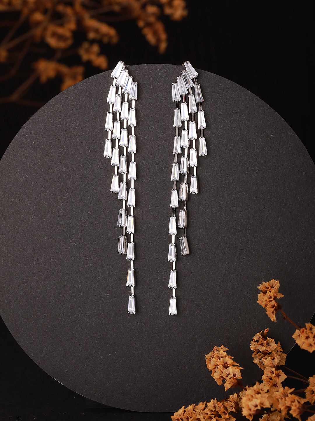 JAZZ AND SIZZLE Rose gold Plated &amp; CZ Stone-Studded Contemporary Drop Earrings