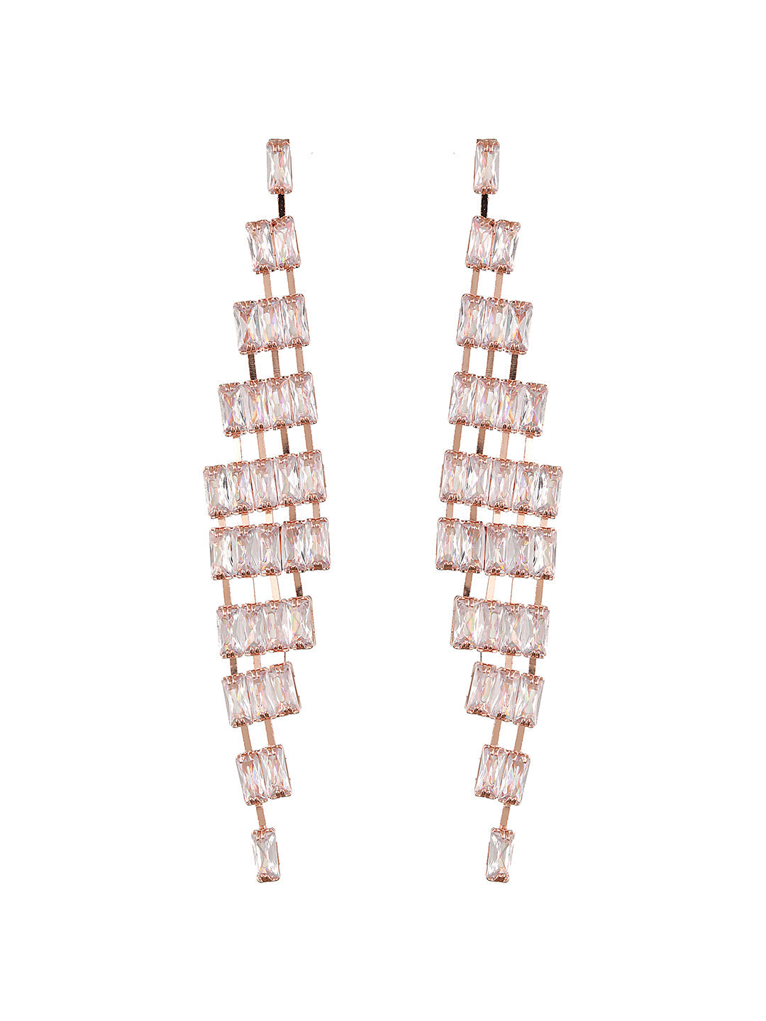 Silver-Toned Rose Gold-Plated Cz Studded Contemporary Drop Earrings