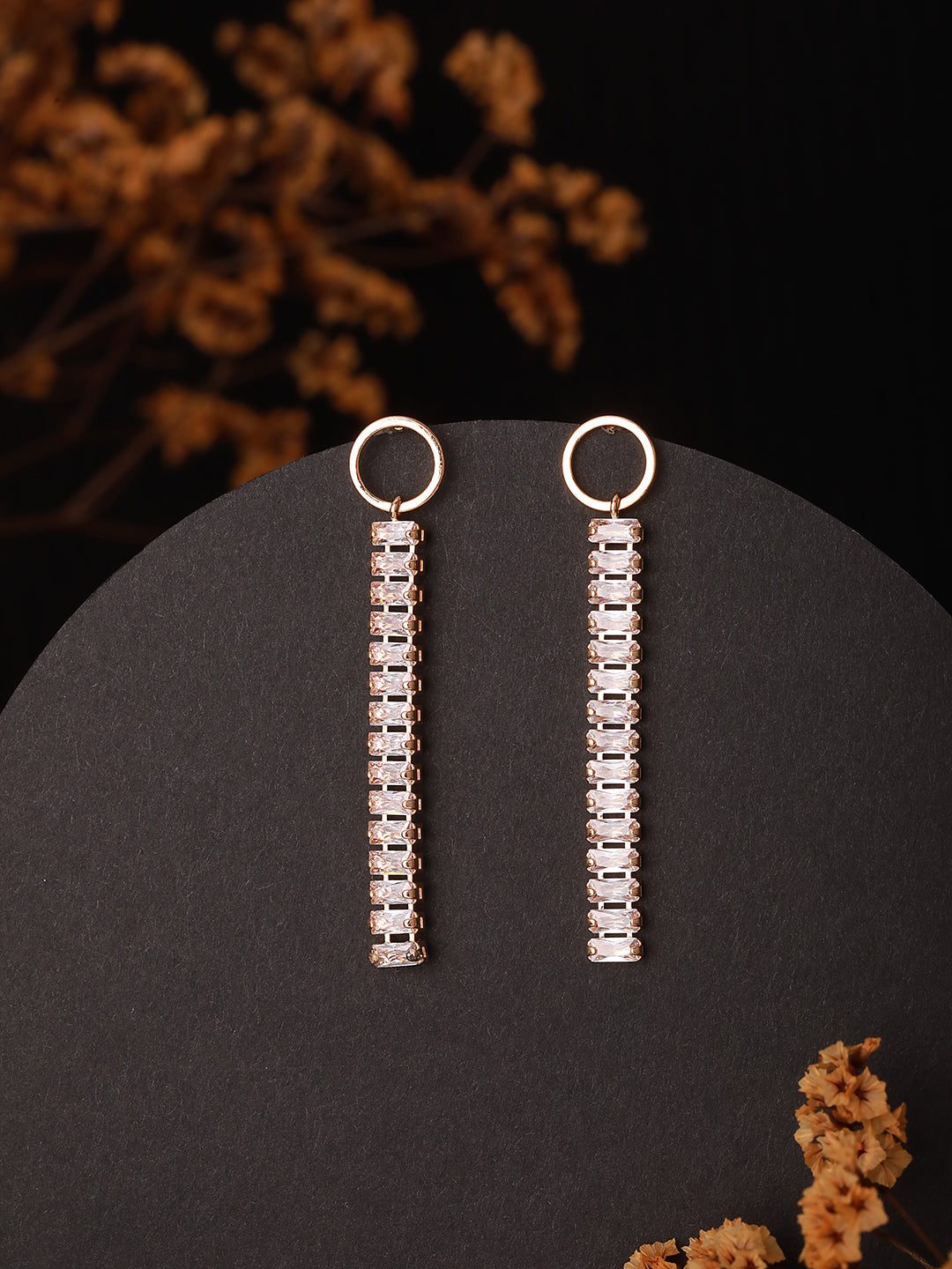 Silver-Toned Rose Gold-Plated Cz Studded Contemporary Drop Earrings