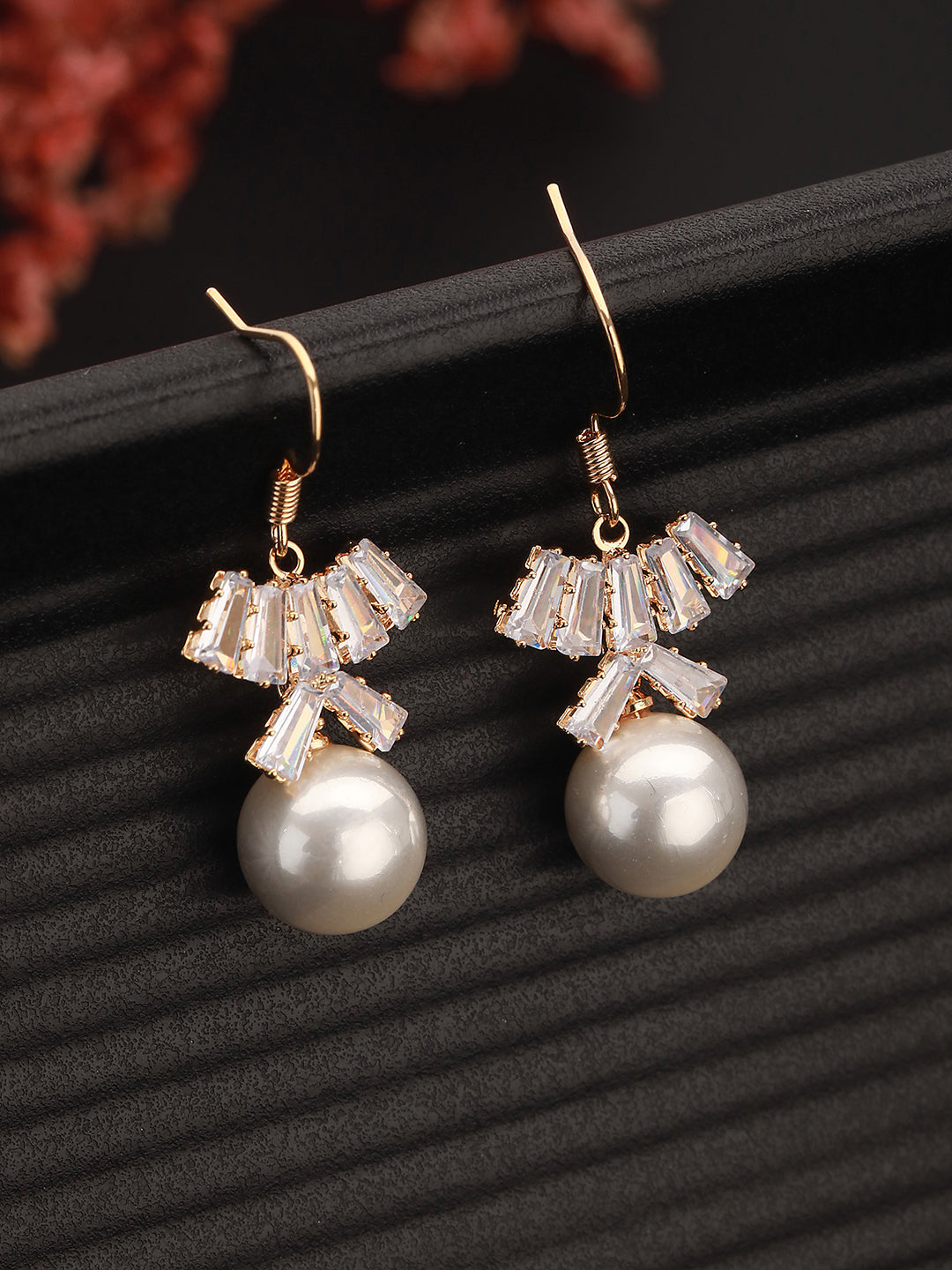 Silver-Toned & White Floral Shaped Pearl Drop Hoop Earrings