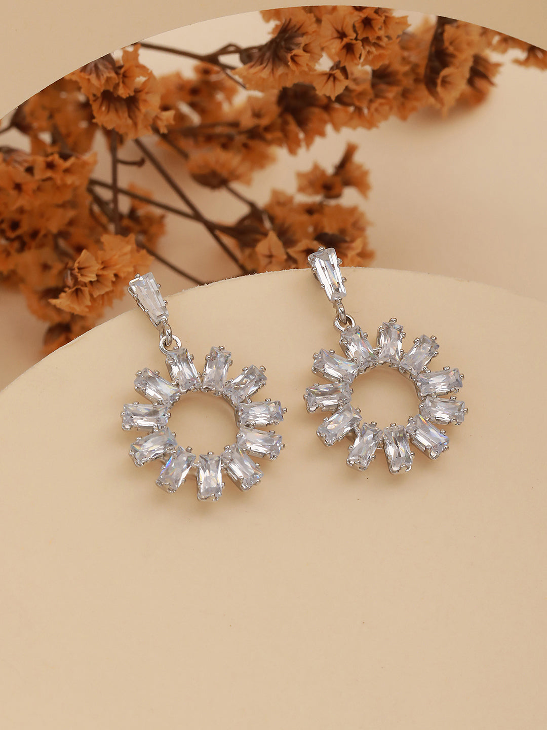 Silver-Toned Rhodium-Plated Cz Studded Contemporary Drop Earrings