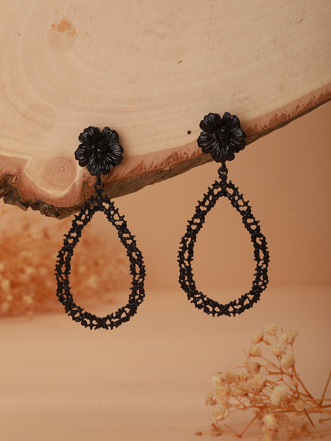 Black-Toned & Black Contemporary Tear Drop Earrings