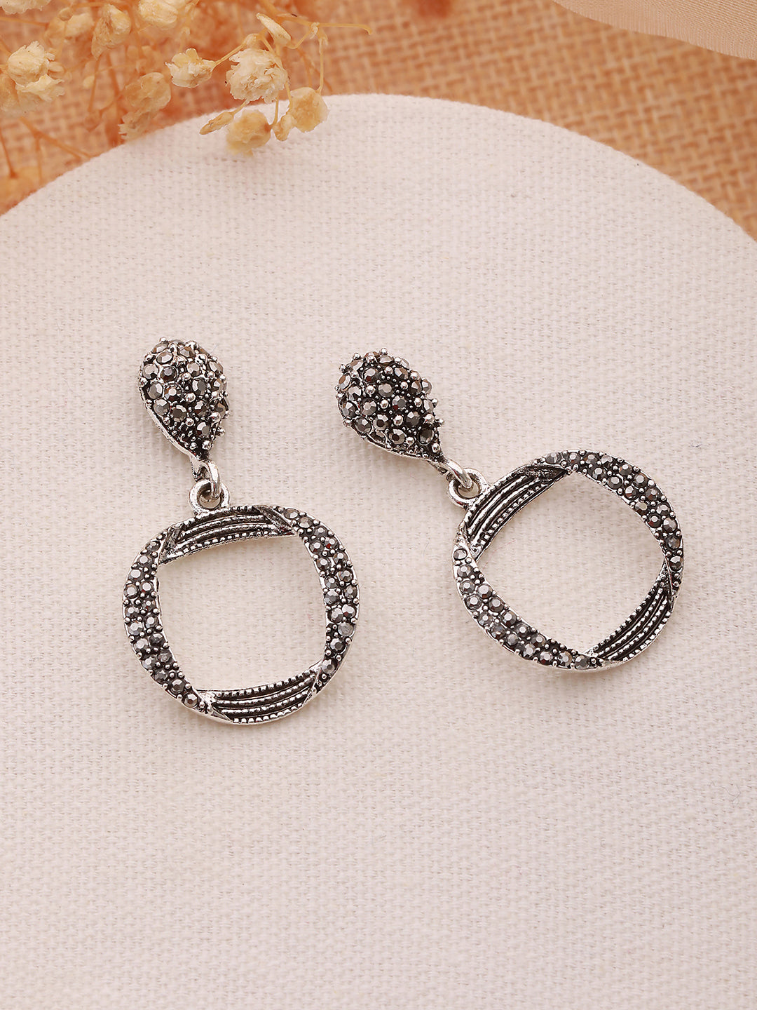 Silver-Toned Circular Drop Earrings