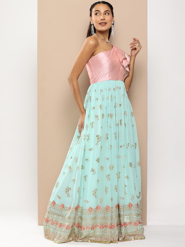 Bollywood Vogue Ready To Wear Pink N Blue Embroidered Georgette Gown