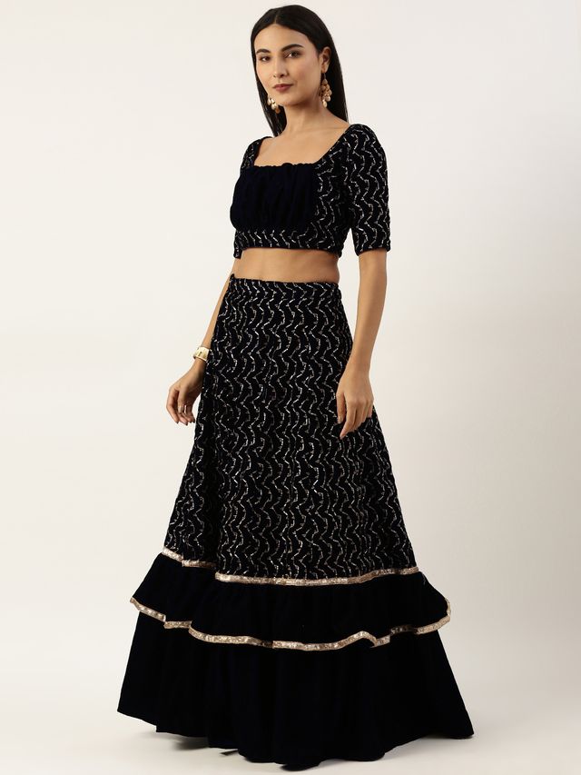 Bollywood Vogue Ready To Wear Blue Velvet Embroidered Lehenga Set