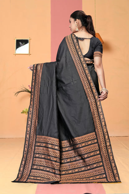 AXONIT Black Banarasi Silk Saree with Antique Copper Zari Border & Pallu