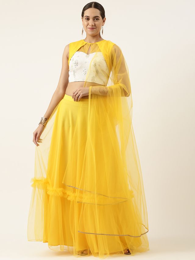 Bollywood Vogue Ready To Wear White Chinon Embroidered Lehenga Set