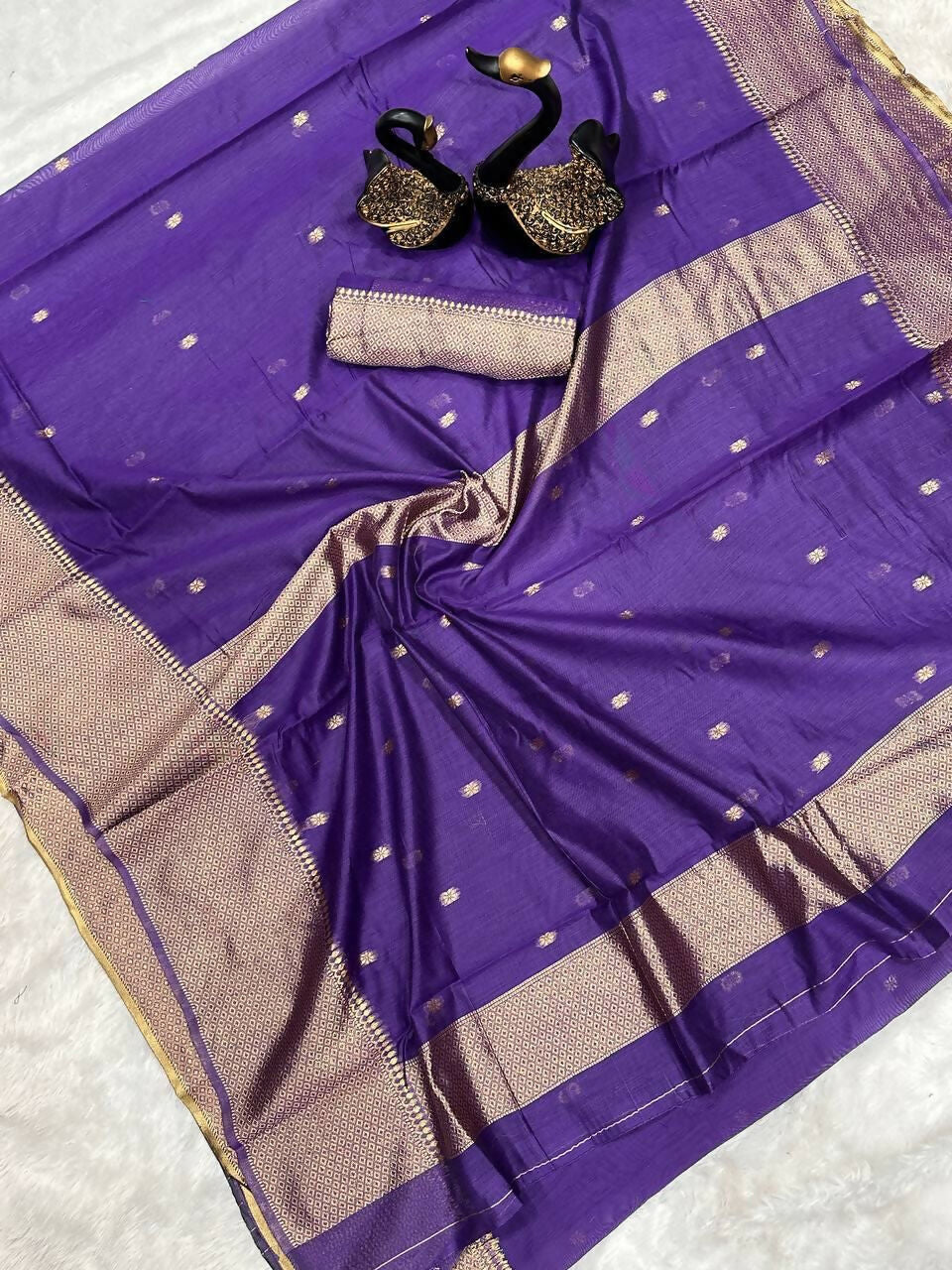 AXONIT Traditional Violet Cotton Saree Crafted with Delicate Golden Zari Butti and Royal Border