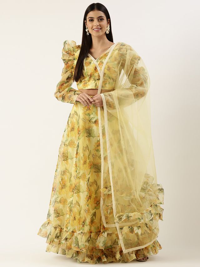 Bollywood Vogue Ready To Wear Yellow Printed Organza Lehenga