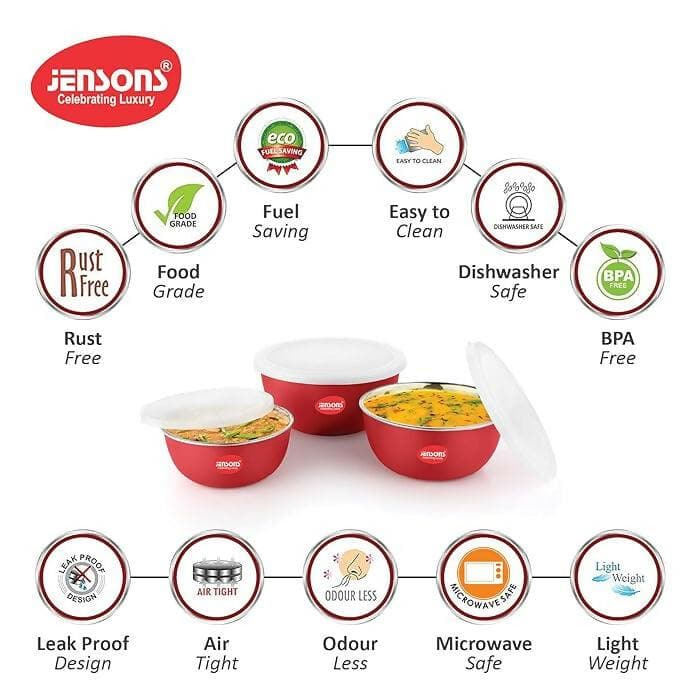 Microwave Bowl Set,Stainless Steel 3 pcs (600 ml + 800 ml + 1300 ml,Red) - HalfPe