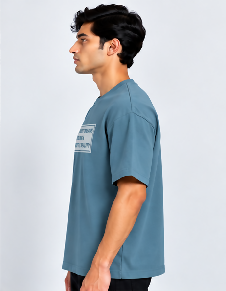 HUSTLE Men's Crew Neck Oversized T-Shirt – Dull Teal Blue(Oversized fit)