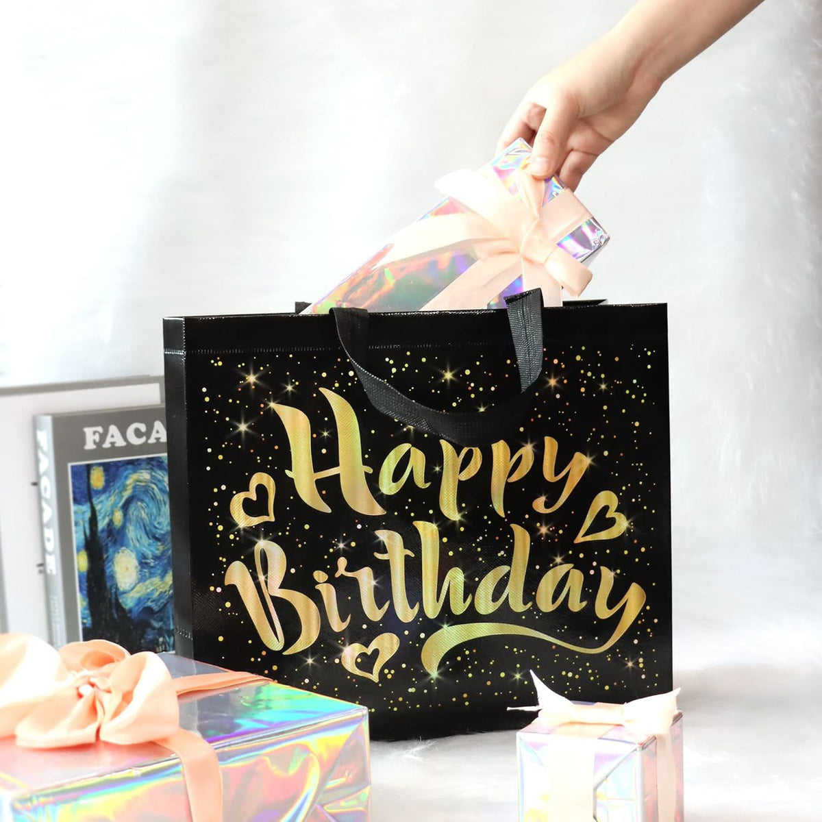 Birthday Gift Bag With Gold Shiny Stars Reusable Party Gift Bags (1 Pc) HP DD
