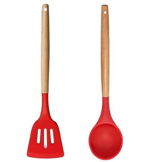 P-plus international silicone slotted spatula and soup ladle set (red, pack of 2) - HalfPe