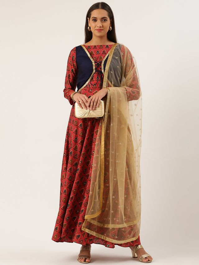 Bollywood Vogue Ready To Wear Pink N Blue Printed Jacket Anarkali Suit