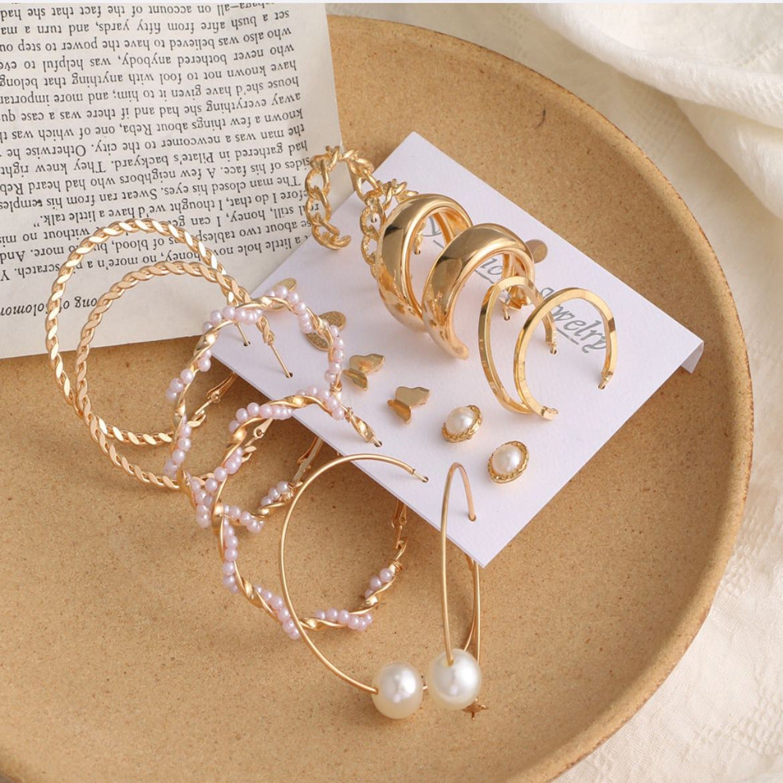 Pack of 9 pairs ‚Äì hoops, pearl hoops, long pearl drops & stud