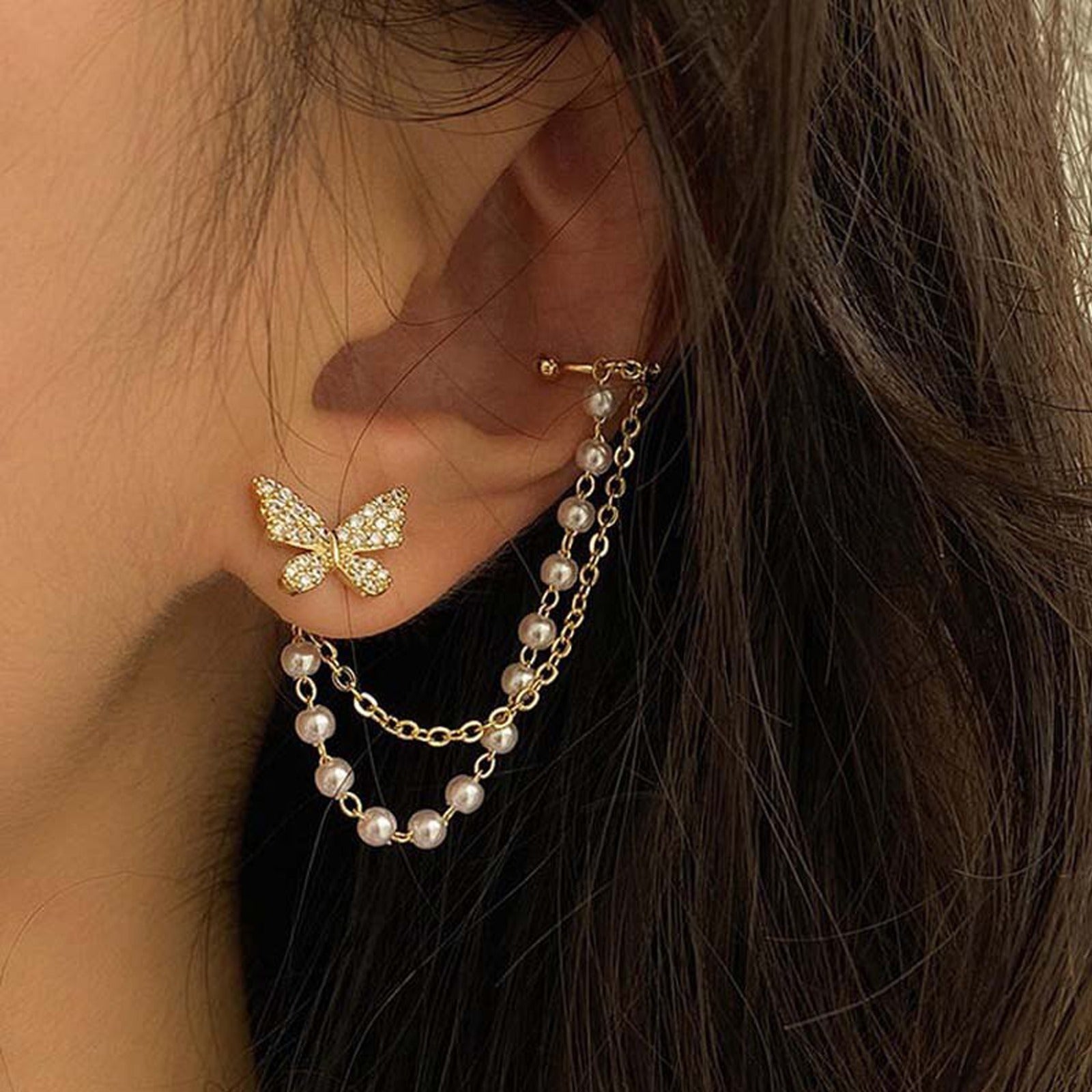 Jazz And Sizzle Set of 2 Gold-Plated Hoop &  Butterfly Chain Cuff Earrings