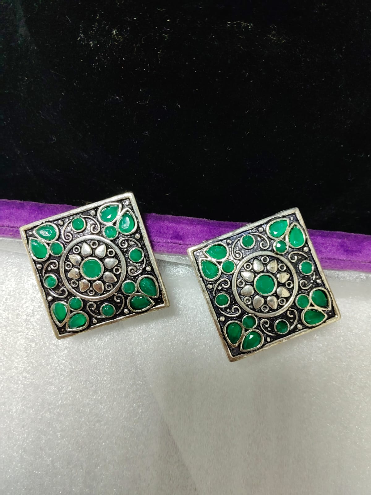 Jazz and Sizzle Green Minakari Oxidised Plated Square Boho Stud Earrings